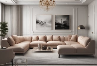 A modern furniture showroom with several sofas and beds displayed. The interior is illuminated with ceiling lights and features white brick columns. A person is seen sitting on a chair in the background.