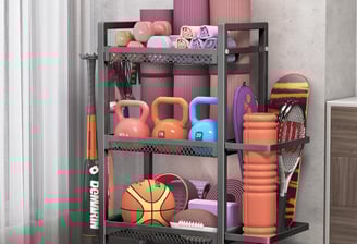 a shelf with a variety of different types of exercise equipment