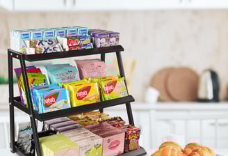 a display of various types of snacks and drinks