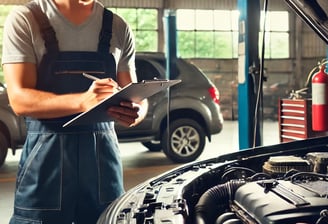 Técnico realizando una revisión pre-compra a un automóvil, comprobando el motor con el capó abierto 