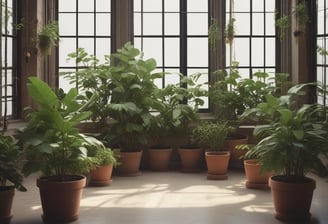 A tall, leafy indoor plant is placed in a decorative woven pot, situated next to a window covered with sheer white curtains. The plant's leaves are green and the floor appears to be made of wooden panels.
