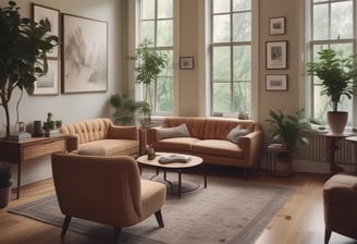 A professional consultation setting with a medical professional sitting at a desk facing a client. The room has a modern aesthetic with white walls decorated with framed certificates. The desk is organized with office supplies, a laptop, and a fruit bowl in the center.