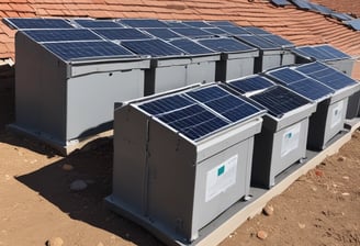 A large array of solar panels is installed on a flat rooftop under a bright blue sky with scattered clouds. In the distance, there is a lush green hillside with trees and several residential buildings with colorful rooftops.