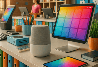Smart speaker and colorful tablet POS setup in modern store. Affordable tech for small businesses.
