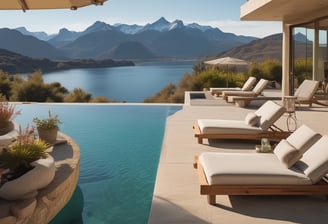 A luxurious outdoor pool area overlooks a calm body of water. Sun loungers with red umbrellas are arranged on a wooden deck, and several palm trees are planted in square planters. A modern architectural building curves gracefully in the background, and the scene is bright and tranquil.