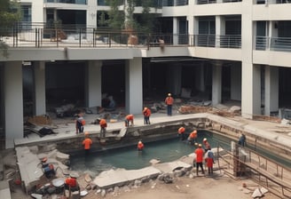 A large building with classic architectural features, including arched window frames and ornate detailing, is under renovation. Scaffolding is erected along the side, reaching up to the roof. The building has a muted, aged facade with multiple windows, some of which are open.