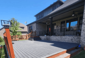 a deck with a wooden deck 