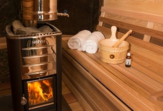 Sauna tonneau, barrel en red cedar, chauffage harvia au feu de bois, location+sauna