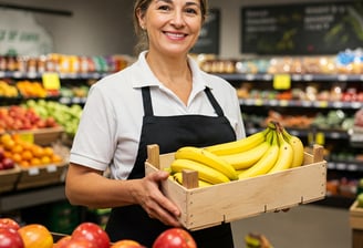 Vendedora sorridente bananas supermercado ofertas de supermercados