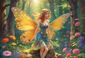 A delicate statue of a female fairy with a wreath of flowers in her hair sits gracefully among vibrant green leaves and clusters of small red berries. The statue exhibits a serene expression, with her chin resting gently on her hand. Worn, intricate wings are visible behind her.
