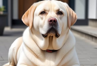 Fat labrador dog sitting on the floor