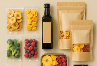 Private-label food products – dried fruits, IQF produce, and avocado oil in generic packaging – Roya