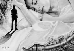 an illustration of a sleeping woman with a man looking at her in the foreground, htcreation exclusiv