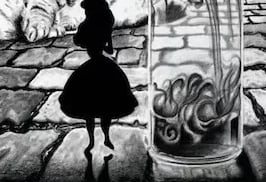 graphite drawing with Alice next to a bottle and making it into a giant cat, Fantasy art