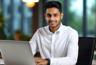 a young hindu working professional sitting at a desk with a laptop