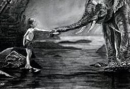 graphite drawing of Mowgli and his friends with a tiger in the background