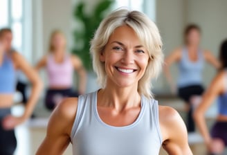An older adult woman with long gray hair exercises on a large, dark-colored treadmill, dressed in gray activewear and white sneakers.