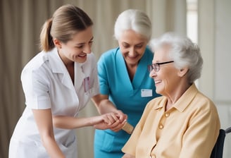 An elderly couple is smiling and holding hands outdoors. One is seated on a mobility aid, wearing a beige sweater and dark pants. The other stands wearing a blue shirt and green trousers. They are in front of a brick building adorned with flowering vines and surrounded by lush greenery.