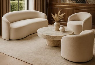 Ivory curved sofa with two matching chairs by Solo Home Decor in a bright modern space.