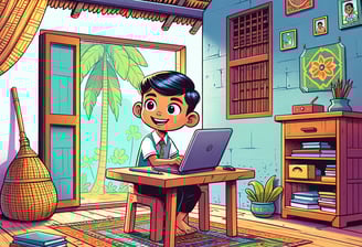 a boy sitting at a desk with a laptop