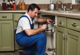 A man wearing a blue cap is working in a utility room, handling electrical wiring and a control panel. He stands on a step stool, focusing intently on the task. The background features various pipes, electrical conduits, and panels.