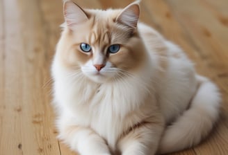 A fluffy, gray cat wearing a collar with a small bell is sitting upright. Behind it are shelves with various pet supplies, including bird cages and bags. The setting seems to be a pet store or an area with pet-related items.