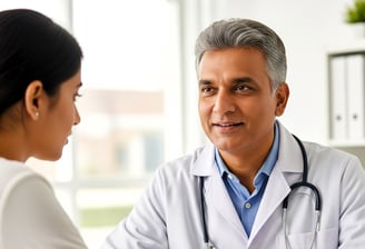 A doctor in a white lab coat with stethoscope around his neck is talking to a women.