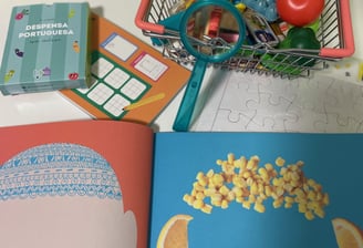 a book with a basket of books and a basket of books