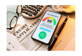 a cell phone with a calculator and glasses on it, credit repair services, improve credit score