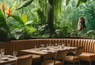 a restaurant with a large mural of a jungle