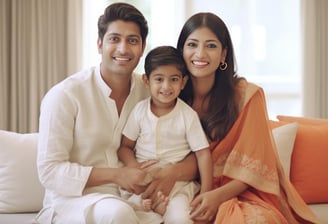 a hindu family of young parents and their child sitting on a couch