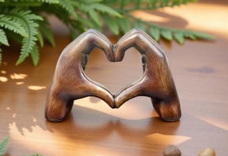 a wooden heart shaped ornament with two hands holding hands