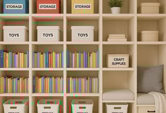 Built-in basement storage with bins, bookshelves, and bench in a finished London Ontario home.