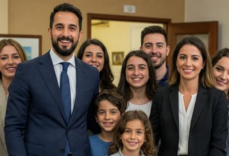Un gruppo di persone con due avvocati che sorridono
