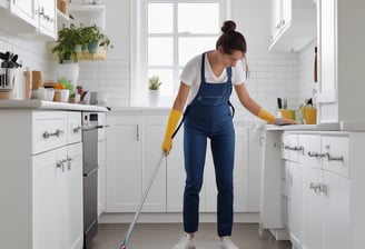 A person wearing protective clothing, a face mask, and gloves is cleaning a white cushioned furniture piece using a vacuum cleaner. The setting appears to be indoors with bright natural light streaming in through large windows. A green potted plant is placed next to a white sofa, adding a touch of nature to the clean and tidy environment.