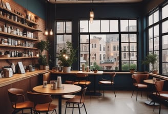 A spacious room with a modern interior design features a stage where a person is giving a presentation. Large windows line the walls, allowing blue light to fill the space. Several large screens around the room display graphics. There are potted plants and chairs adding to the decor.