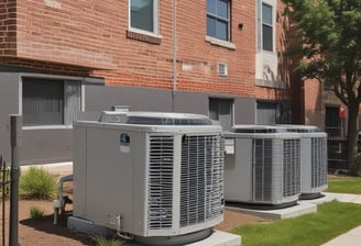 A view of a residential building with numerous air conditioning units attached to the exterior walls. The building features a pattern of square tiles and several balconies with various items placed outside. Palm trees and other greenery are visible in the foreground, indicating an urban environment with landscaped areas. Part of the image is framed by vertical bars and a chain.