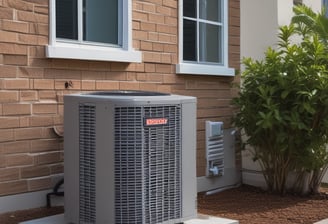 A series of air conditioning units are mounted on a metal structure outside a building with white paneling. Two large windows are visible behind the units, revealing the indoors with fluorescent lighting.