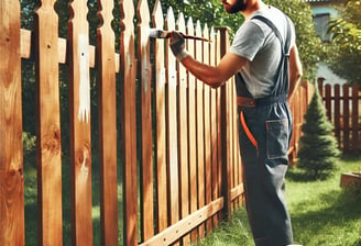 Painter Working on a Wooden Fence – A painter dressed in overalls and a cap is applying a fresh coat