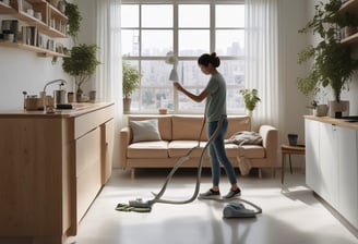 A collection of eco-friendly cleaning products and personal care items laid out on a flat surface. The composition includes bottles of cleaning sprays with silver metallic finishes, glass bottles of essential oils, wooden toothbrushes, a rectangular bar of natural soap, and various cleaning brushes with wooden handles. The arrangement is visually appealing, with shadows adding depth and texture.