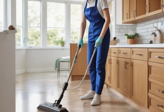 A person in a cleaning uniform is pushing a floor cleaning machine in front of a large wall made of blue-tinted glass blocks. The shadowed silhouette of another person is visible in the foreground, captured mid-step, creating a dynamic sense of motion.