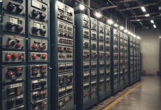 An open electrical panel with a multitude of colorful wires connected to various circuit breakers is mounted on a wall. Tools are placed on a blue workbench, including a multimeter and a screwdriver. A visible checklist is attached to the left panel door.