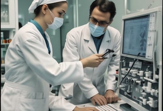 Two people in lab coats collaborate in an office setting. One is seated and pointing at a computer screen displaying medical images, while the other stands nearby holding a tablet. Large windows reveal a view of greenery outside, creating a bright and professional environment.