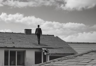 A person in a bright orange uniform and yellow hard hat is power washing the exterior of a structure next to a sidewalk. Large trees with dense green foliage are visible, along with bicycles parked under a canopy. The scene appears to be in an urban setting with buildings and construction in the background.