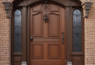 A vintage-style garage door with vertical wooden slats and ornate red and frosted glass panels in the upper section. The frame is painted in red, contrasting with the gray of the door itself. The surrounding wall has a textured, stucco-like finish.