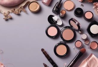 A flat lay image displaying a combination of lifestyle items including books, cosmetic products, and a colorful scarf. The books have minimalist and fashion themes, while the cosmetics feature elegant packaging. A transparent pouch contains a brochure titled 'VEGAN STYLE' that covers topics such as fashion and beauty.