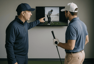 a man pointing at a television screen showing a golf player