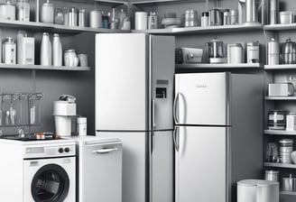 An oven with large silver knobs is partially covered with a purple towel hanging over its handle. There is a white appliance with attached cables on the left, possibly an electric kettle or air purifier, resting on a countertop.