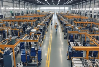 A manufacturing or industrial setting with machinery, including a control panel featuring a screen and keypad. The scene includes industrial lighting and parts of conveyor systems and structural pillars.