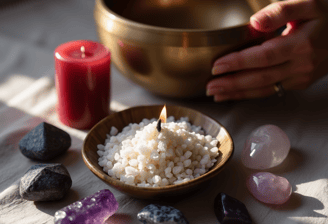 tibetan singing bowl with candles and incense 